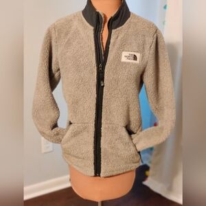 North Face Full Zipper Sherpa Teddy Bear Jacket Khaki Gray Boy L/Women XS-S